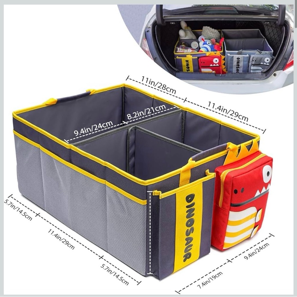 Multi-Compartment Gray and Yellow Trunk Organizer with Red Dino Pouch